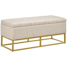 Storage Ottoman with Flip Top, Upholstered Storage Bench, Linen Fabric Footstool with Steel Legs for Living Room, Bedroom, Beige